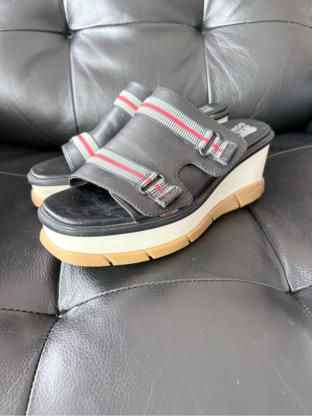 Sorel Black Slide Sandals with Red and White Accent Straps